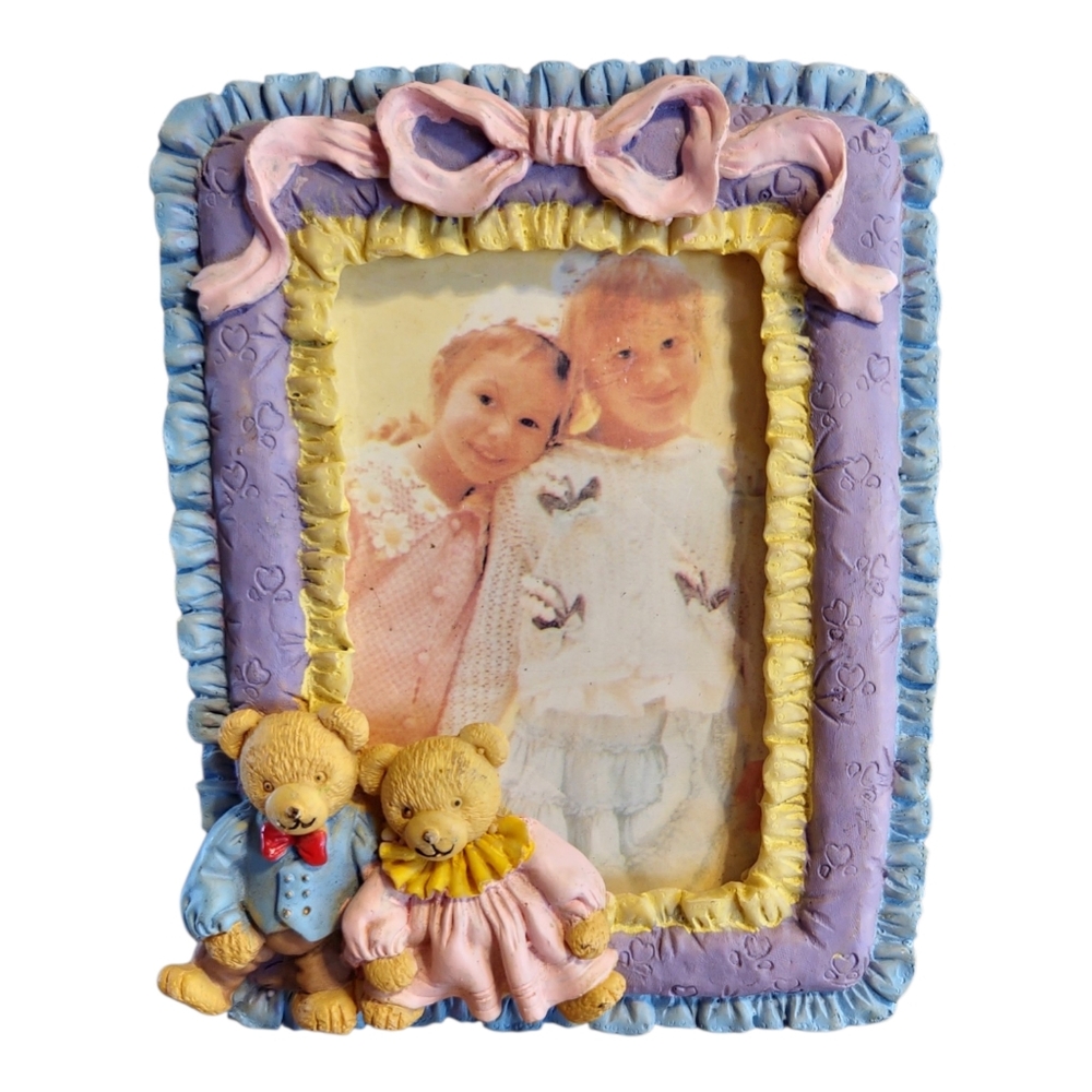 Vintage 90s Teddy Bear Bow Picture Frame‎ Cottagecore Nursery Coquette